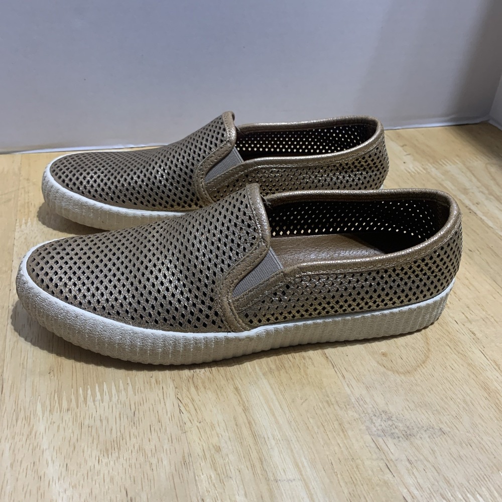 Frye Melanie Perforated Slip On Casual Gold Pewter Leather Loafer Shoes Size 6.5